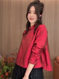 Red Long Sleeve Shirt Womens High-End Lightweight Anti-Aging Fashion New Chinese Style National Trend Top Spring 2025