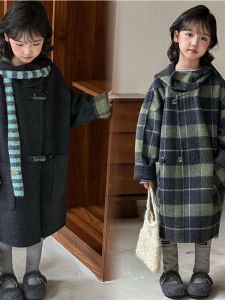 Girls High-End Double-Faced Fleece Tweed Coat Mid-Length Plaid