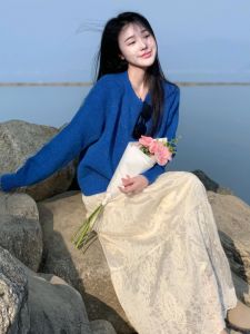 YUFUQING | Blue Round Neck Long Sleeve Knitted Open Cardigan Top Loose High Waist Midi Skirt Two Piece Set Comfortable Casual Fashion