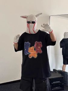 Pure Cotton Oversized Short Sleeve T-Shirt for Men Summer Loose Bear Design Lettering round Neck Youth Fashion Casual Top