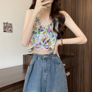 Dopamine Summer 2025 Womens Short Sleeveless V-Neck Embroidered Hook Flower Vest Top Trendy Commute Style Loose Polyester Fiber