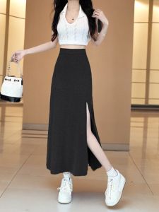 High Slit Modal Long Skirt Women Summer Thin A-Line Midi Skirt High Waist Bodycon Black Dress Casual Commute Pure Color
