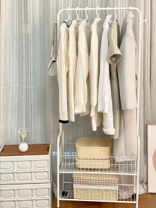 Double Layer Clothes Hat Rack With Storage Basket Heavy Duty Metal Garment Rack For Bedroom