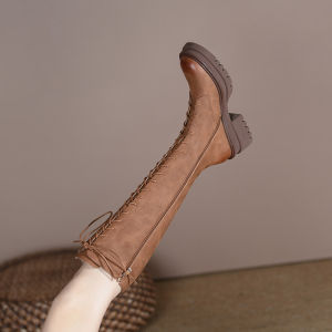 High-Top Martin Boots Thick Bottom Long Boots Rough Heel Knight Boots All-Season round Toe Comfortable Leather Inner-Lined