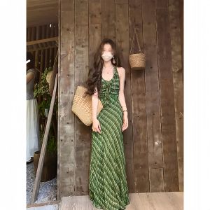 Elegant French Vintage Green Plaid Dress Womens Summer High Waist Belted Neck Hanging Long Dress Stylish A-Line Gown