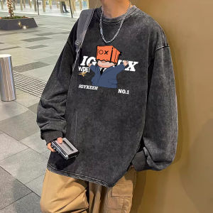 American Retro Pure Cotton Long Sleeves T-shirt Mens Autumn Ins Trendy High Street Washed Distressed Couple Heavy Weight Bottoming Shirt