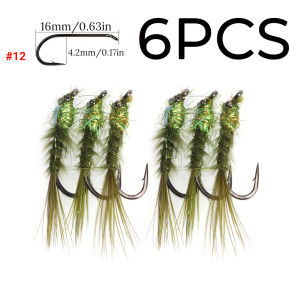 ICERIO 6pcs #12 Olive Damselfly Nymph Fly Fishing Bead Head Flash Body Trout Grayling Fishing Lures Baits
