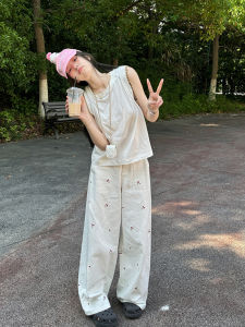 Quần Ống Rộng Vải Lanh Cotton in Hình Anh Đào Trắng Cho Nữ Mùa Hè Quần Dài Ống Đứng Cạp Cao Thon Gọn