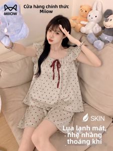 MiiOW | Đồ Mặc Nhà Nữ Mùa Hè Chất Liệu Lụa Đá Có Chấm Bi Tay Bồng
