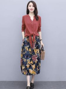 Casual Cotton Linen Dress Set Womens Spring Autumn New Style plus Size Elegant Two Piece Suit Vintage Commute A-Line Gown