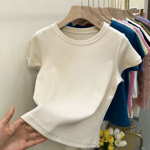 เสื้อยืดคอกลมแขนสั้นผู้หญิง สไตล์ฤดูร้อน 2023 ทรงเข้ารูป คอตตอนผสมโพลีเอสเตอร์ ความยาวปกติ เสื้อยืดคอกลมสีพื้น