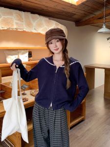 Double Zipper Long Sleeve Knitted Open Cardigan Womens Loose Slimming Navy Collar Sweater Outerwear Soft Comfortable Commute Style