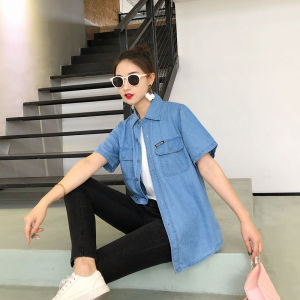 Cotton Long Sleeve Loose Fit Denim Shirt for Women Easiest Matching Solid Color Square Collar Single-row Multi-buckle