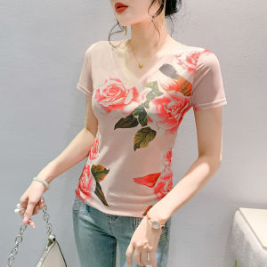 REHIN เสื้อยืดแขนสั้นคอวี Sablon Bunga ตาข่ายแฟชั่นใหม่ฤดูร้อน บอดี้สูทหญิง