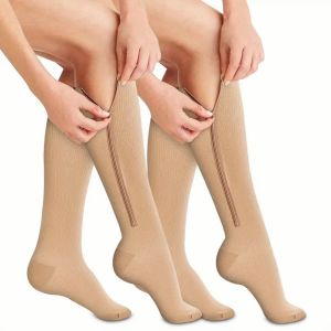 2 Pairs Neutral Sports Calf Compression Socks Fashionable Zipper Design Sweat Absorbing Breathable All Season Pressure Socks