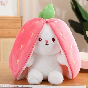 Bunny Plush Doll Toy Pillow Reversible Carrot Strawberry Bunny Stuffed Animal with Zipper Cute Rabbit Decoration for Kids