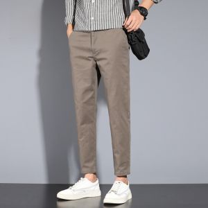 ROMON | Lormen Mens Casual Cotton Pants Slim Straight Business Suit Pants Summer Thin Nine Points Long Pants Fashion Urban Style