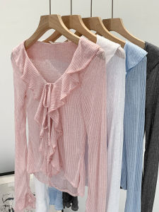 French Style Flounce Sunken Stripe Strap Stylish Niche Style Sun Protection Cardigan Womens Summer Thin Outer Match Casual Tops