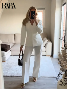 RARA Womens V Neck Long Sleeve Blazer and Straight Leg Pants Set Professional and Stylish for Office and Formal Events