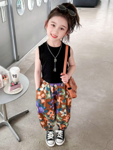 Summer Thin Cotton Blend Set for Girls Cute Floral Print Anti-Mosquito Vest And Pants Two-Piece Childrens Clothing Set
