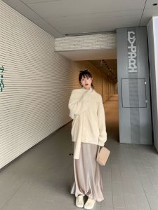 White Studio A-Line Long Skirt High Waist Drapey Satin Feel Spring Acetate Fabric Korean Style Commute High Waist Skirt