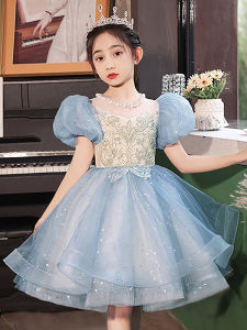 Luxurious Exclusive Girls Performance Dress Blue Summer