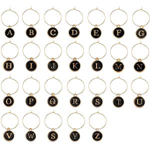 26/52Pcs Wine Glass Charms Wine Glass Markers Wine Glass Charm Rings with Letter Wine Charms for Stem Glass Wedding Party Decor