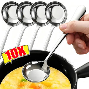 10pcs Stainless Steel Deep Bottom Korean Soup Spoon Set / Solid Flat Base Anti-Tipping Table Utensils / Versatile Household Cutlery for Eating Soup Porridge and Serving Various Sauces