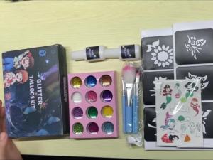 12 Color Temporary Glitter Tattoo Kit with 24 Stencils 4 Luminous Tattoo Stickers Arts Glitter Make Up Christmas Holiday Gifts