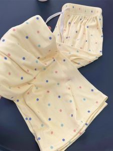 กางเกงขายาวทรงหลวมเอวสูงผ้าไหมน้ำแข็งสไตล์ญี่ปุ่นสำหรับผู้หญิงในช่วงฤดูร้อน กางเกงขายาวทรงตรงบางๆ ลายจุดสีสันสดใส ทรงหลวมสำหรับใส่ไปเดินเล่น