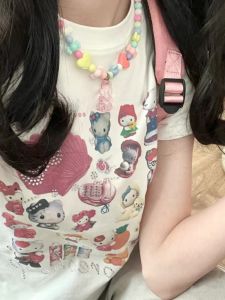 HelloKitty Short Sleeve Slim Fit T-Shirt Sweet Style Cotton Summer Casual Top Cartoon Print Loose White Tee Shoulder Width