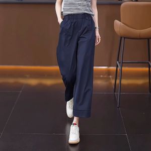 Navy Nine-Eight Womens Trousers 2023 New Leisure Cotton Tyre Flower Waist Straight Tube Trousers Commuter Style Thin