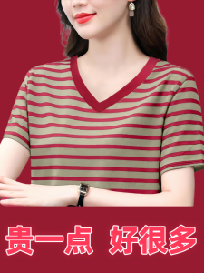 Summer New Loose Large Size Pure Cotton Striped Short Sleeve T-Shirt Womens Midlife Moms Style Top Asymmetrical Commute Classic