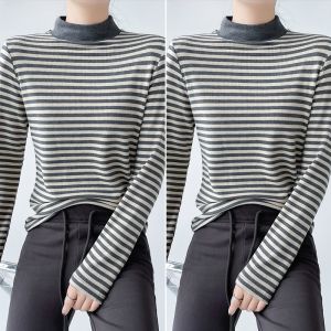 MiiOW | Womens Slim Fit Long Sleeve Base Shirt Half High Collar Inner Wear Striped Top Cat Person Warm Autumn Winter New Style MiiOW