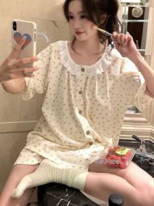Bộ Đồ Ngủ Tay Ngắn Họa Tiết Hoa Mùa Hè Cho Nữ Quần Short Rộng Rãi Thoải Mái Mặc Ở Nhà Bộ Đồ Ngủ Cotton Pha Trộn