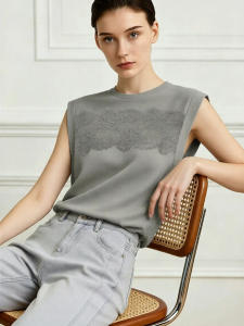 AMII | Round Neck Cotton Lace Mesh T-Shirt