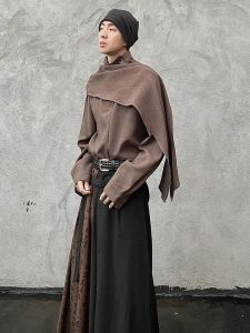 New Chinese Style Retro Stand Collar Scarf Shirt Mens French Style Fancy Normcore Stylish Button Streamer Long Sleeve Shirt