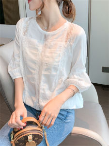 Womens Lace Shirt Spring Autumn New Floral Lantern Sleeve Hollow out Chiffon Top Fashionable Elegant Female Blouse