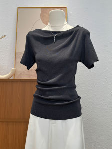 Design Sensation Womens Short Sleeve Knitted Top Summer 2025 Waist Cinched Clavicle Exposure Asymmetrical Unique Style