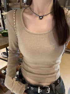 2025 New Womens Long Sleeve U-Neck Cashmere T-Shirt Autumn Winter Low Neck Clavicle Base Shirt Square Collar Short Top