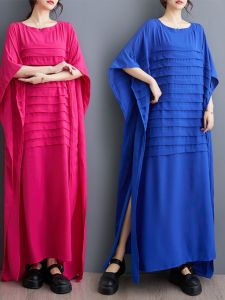 Elegant plus Size Womens Dress Summer Fashion Batwing Sleeve Slimming Long Skirt Korean Style A-Line Simple Loose Waist Design