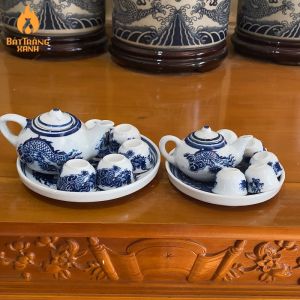 Bộ Ấm Chén Thờ Bát Tràng Men Trắng Men Lam - Ấm Chén Cúng Mini 1 ấm 5 chén 1 đĩa