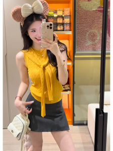 YUEZHONGWEI | เสื้อกั๊กแขนกุดผ้าไหมน้ำแข็งถักสีเหลืองสำหรับผู้หญิงในช่วงฤดูร้อน เสื้อคลุมกันหนาวแบบสั้นเข้ารูป เสื้อผ้าทำงานสไตล์กลางคืน