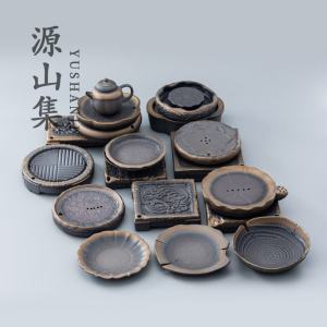 Retro Dry Puff Tea Tray Pot Stand Rust Glaze Gold Plated Ceramic Water Storage Lotus Fragrance Traditional Chinese Style Tea Accessories