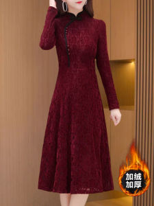 Red Chinese Style Long Sleeve Fleece Lined Thick Dress Commute Style Womens Dress for Autumn Winter New Arrival Ocnltiy Brand