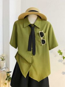 Summer Thin Chiffon Short Sleeve Shirt Womens Style Avocado Green Draping Sense Commute Top Sweet College Loose Fit Button Design