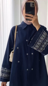 Elvaira Luxe Top Blouse Kemeja Atasan Bordir Modest Fashion Bahan Polo Linen Embroidery HQ