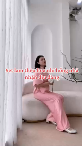 Set đồ lam cách tân pháp phục đi chùa sang chảnh mặc lễ Tết chất Tơ áo thêu hoa cổ viền Ren tay bồng kèm quần dài Tuyết Nhung