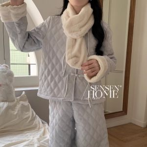 Thickened Fleece Warm Sleepwear Womens French Style Three-layer Cotton Home Clothes Long Sleeve Long Pants round Neck Zipper