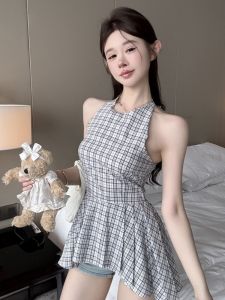 GUZILIAN | French Plaid Sleeveless Vest Women Summer Waist Cinch Retro Design Unique Fashion Irregular Neck Hanging Top Commute Style